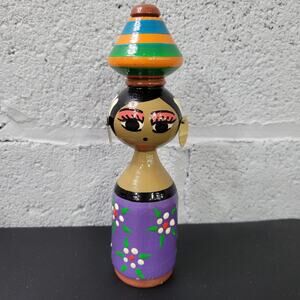 Vintage Kokeshi Like Wooden DOLL Hand Painted Wood Lady Figurine 7" SEE DESCRIPT